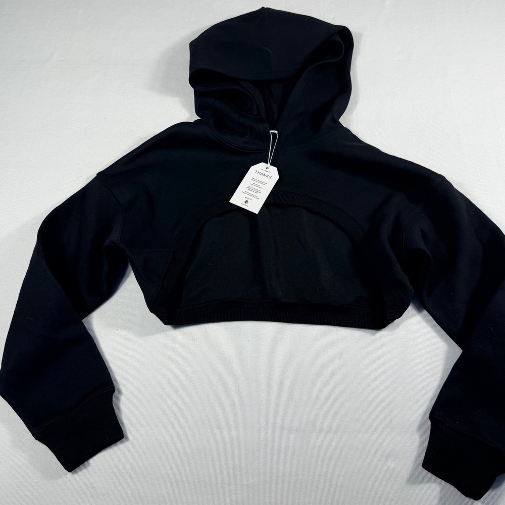 LASLULU Ultra Cropped Hoodie Size S Black Front Cutout Long Sleeve Sweatshirt